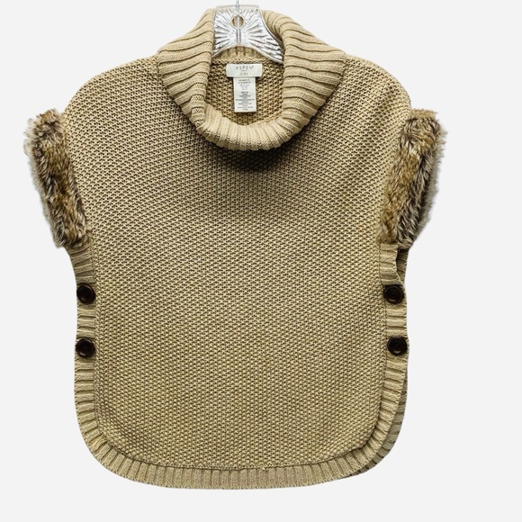 Aspen Kids Size M Tan Knit Turtleneck Poncho Sweater w/Buttons Faux Fur Trim - Picture 1 of 15